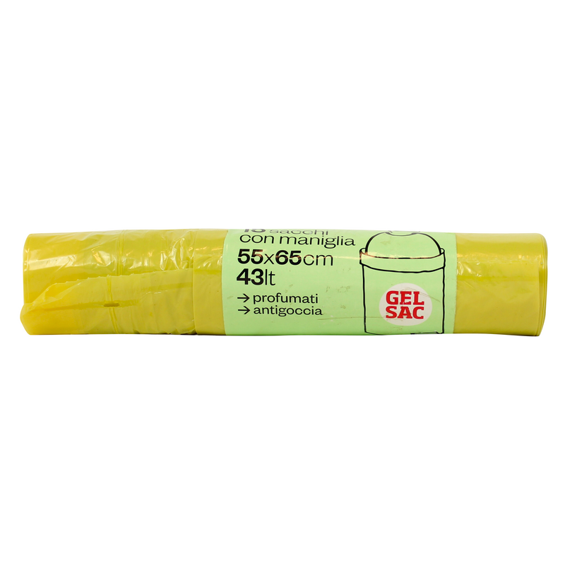 GEL SAC 15 SACCHI PATTUMIERA IN POLIETILENE MISURA 55x65 CON MANIGLIA GIALLO TRASPARENTE PROFUMATO IN ROTOLO