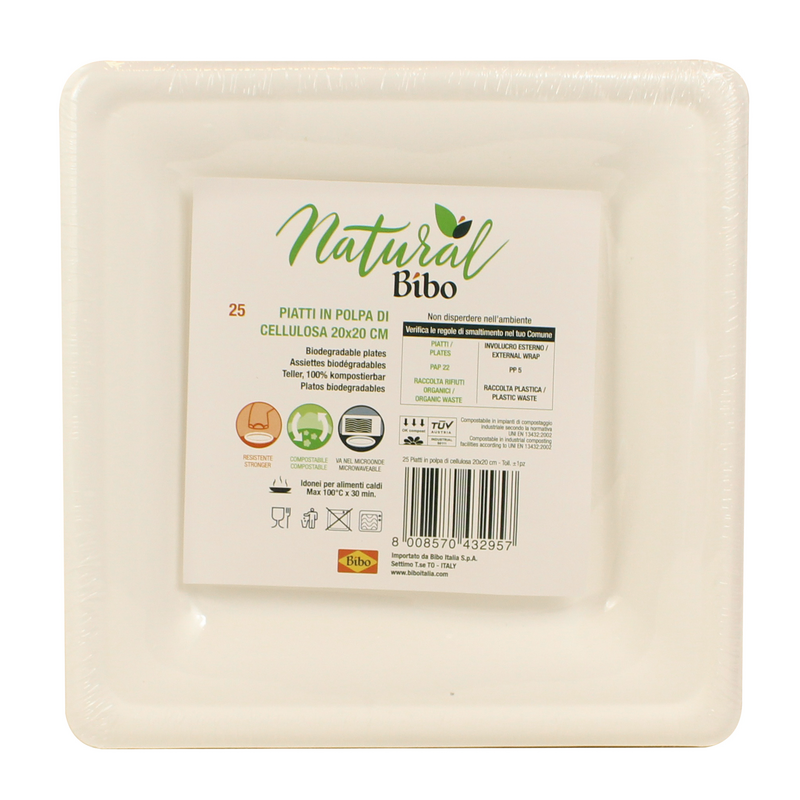 BIBO NATURAL 25 PIATTI QUADRATI DM 20 cm BIODEGRADABILI e COMPOSTABILI