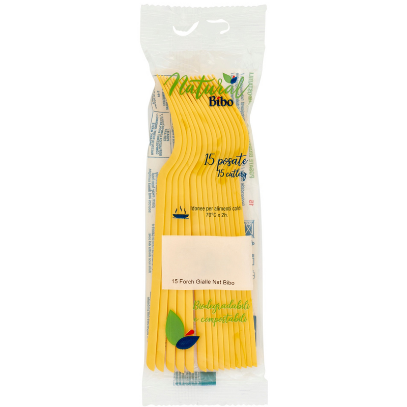 BIBO NATURAL 15 FORCHETTE BIODEGRADABILI e COMPOSTABILI GIALLE