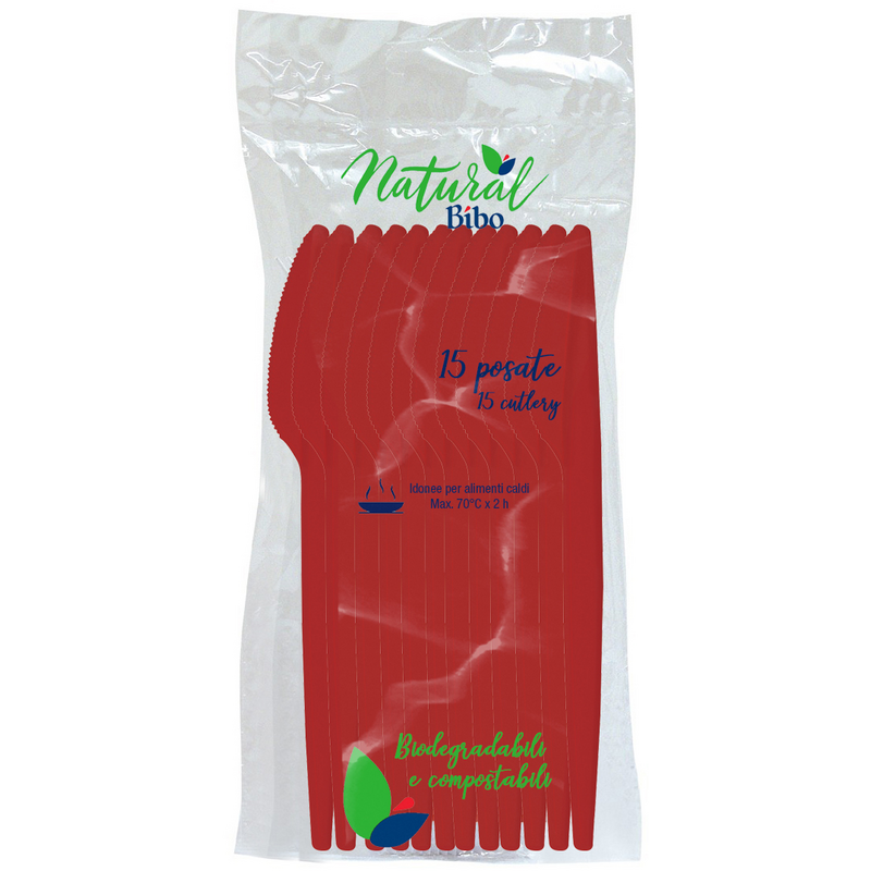 BIBO NATURAL 15 COLTELLI BIODEGRADABILI e COMPOSTABILI COLORE ROSSO