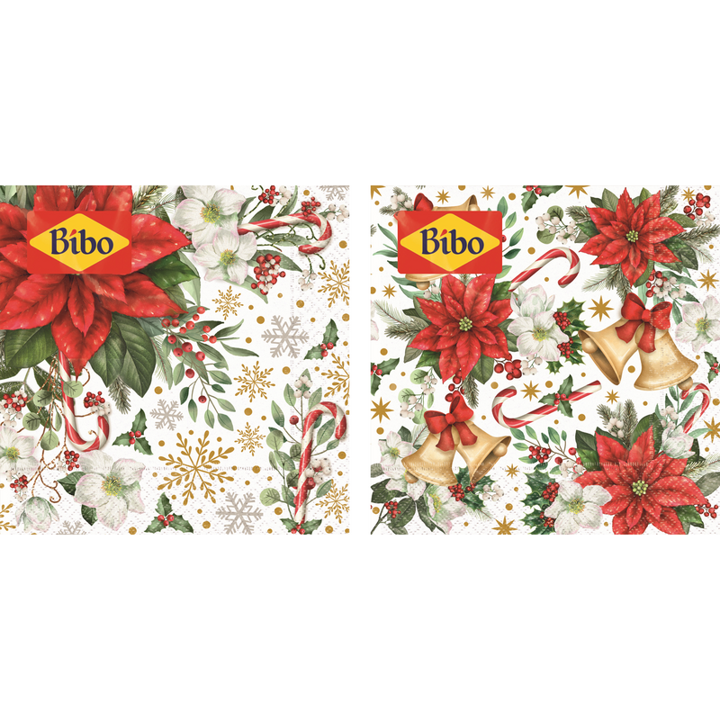 BIBO 20 TOVAGLIOLI OVATTA 33x33 2 VELI STELLA DI NATALE 2 DECORI ASSORTITI