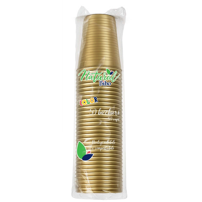 BIBO NATURAL 50 BICCHIERI 200 cc BIODEGRADABILI e COMPOSTABILI COLORE ORO
