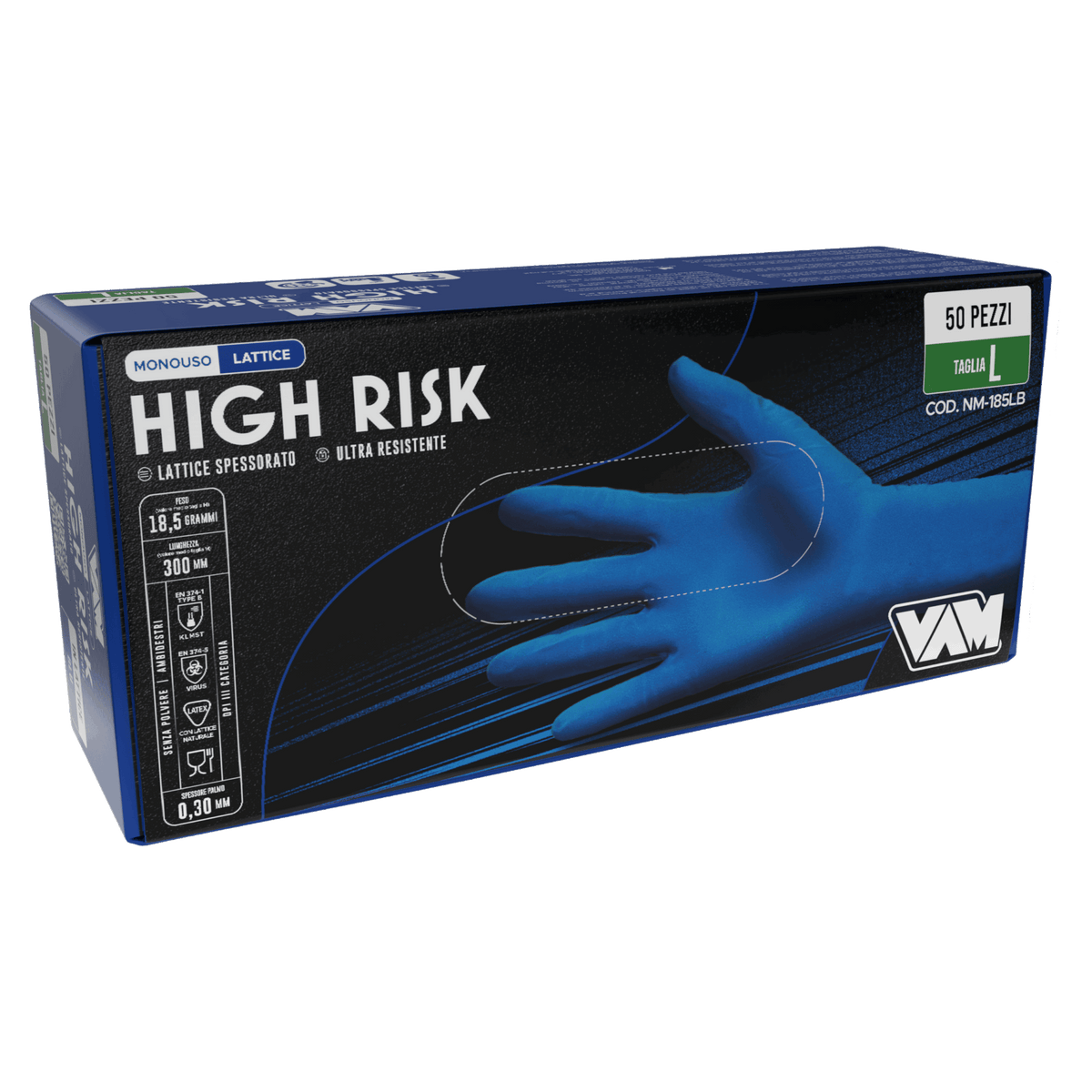 Guanti in lattice senza polvere 18,5gr HIGH RISK Blu - Confezione da 50 pz