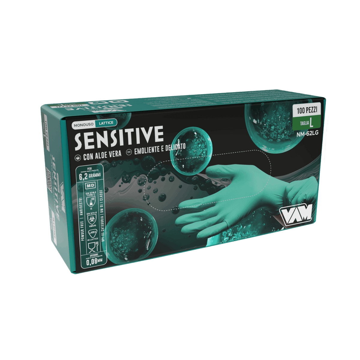 Guanti in lattice senza polvere 6,2gr SENSITIVE Verde - Confezione da 100 pz