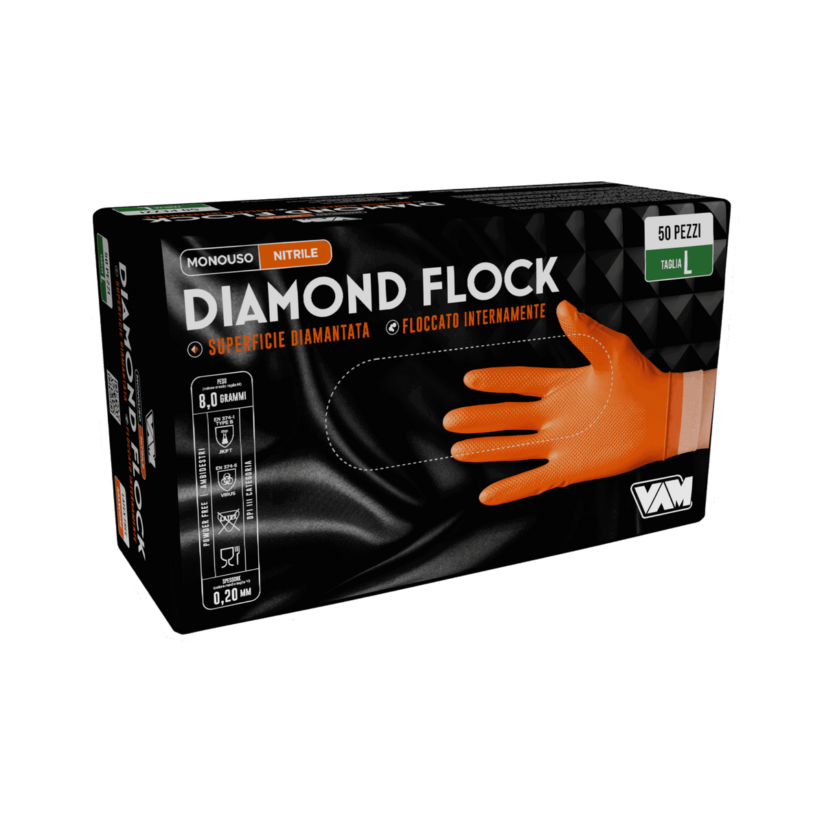 Guanti in nitrile senza polvere 8gr DIAMOND FLOCK Arancio - Confezione da 50 pz