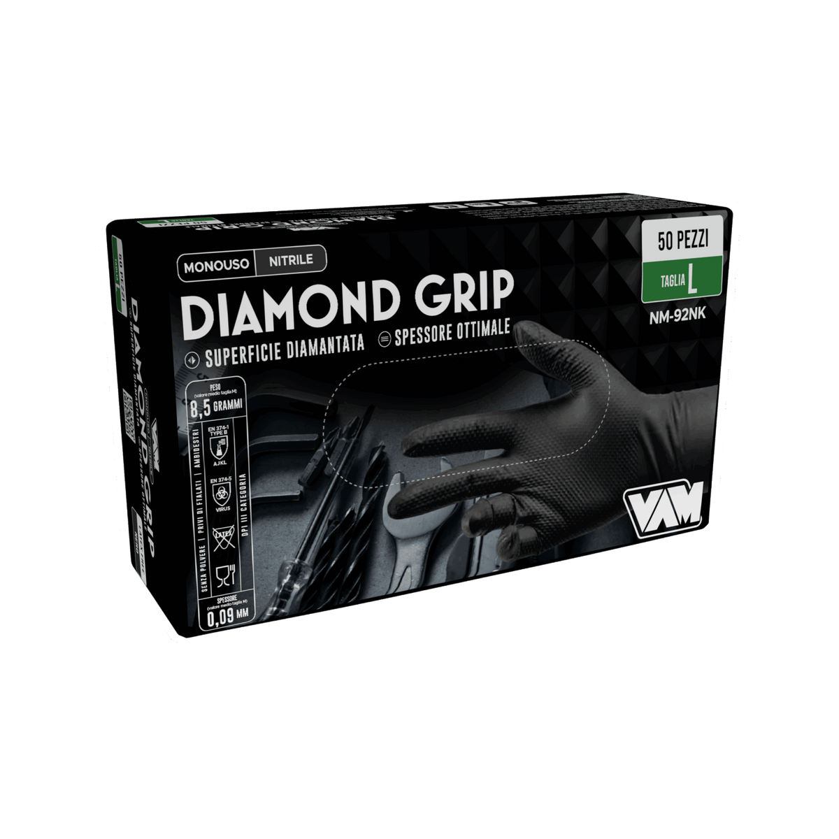 Guanti in nitrile senza polvere 8gr DIAMOND GRIP Nero - Confezione da 50 pz