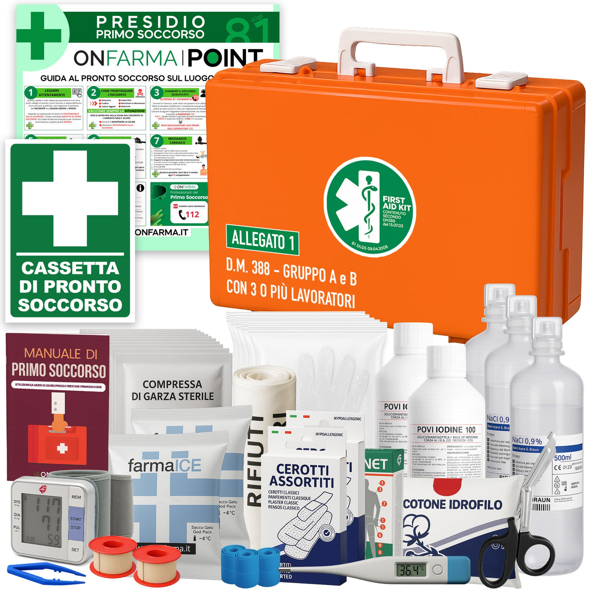 Cassetta Pronto Soccorso (3 o più lavoratori) ALLEGATO 1 CON MISURATORE PRESSIONE DIGITALE DA POLSO